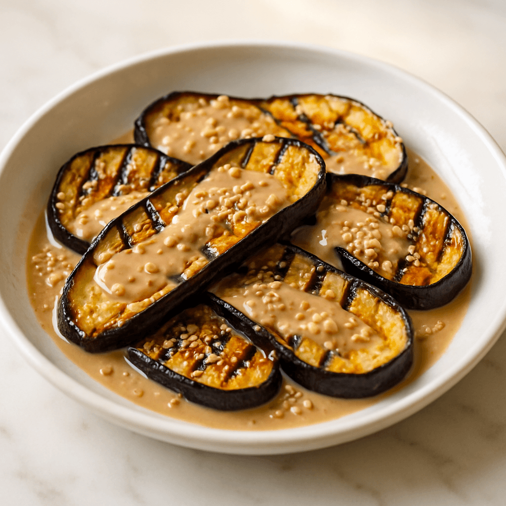 Griddled aubergines with sesame dressing